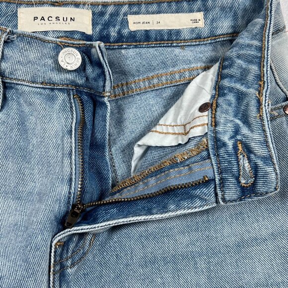 PacSun Womens Blue Jeans Size 24 x 23 Mom Jean Raw Hem Light Wash Two Tone Denim - Picture 3 of 13